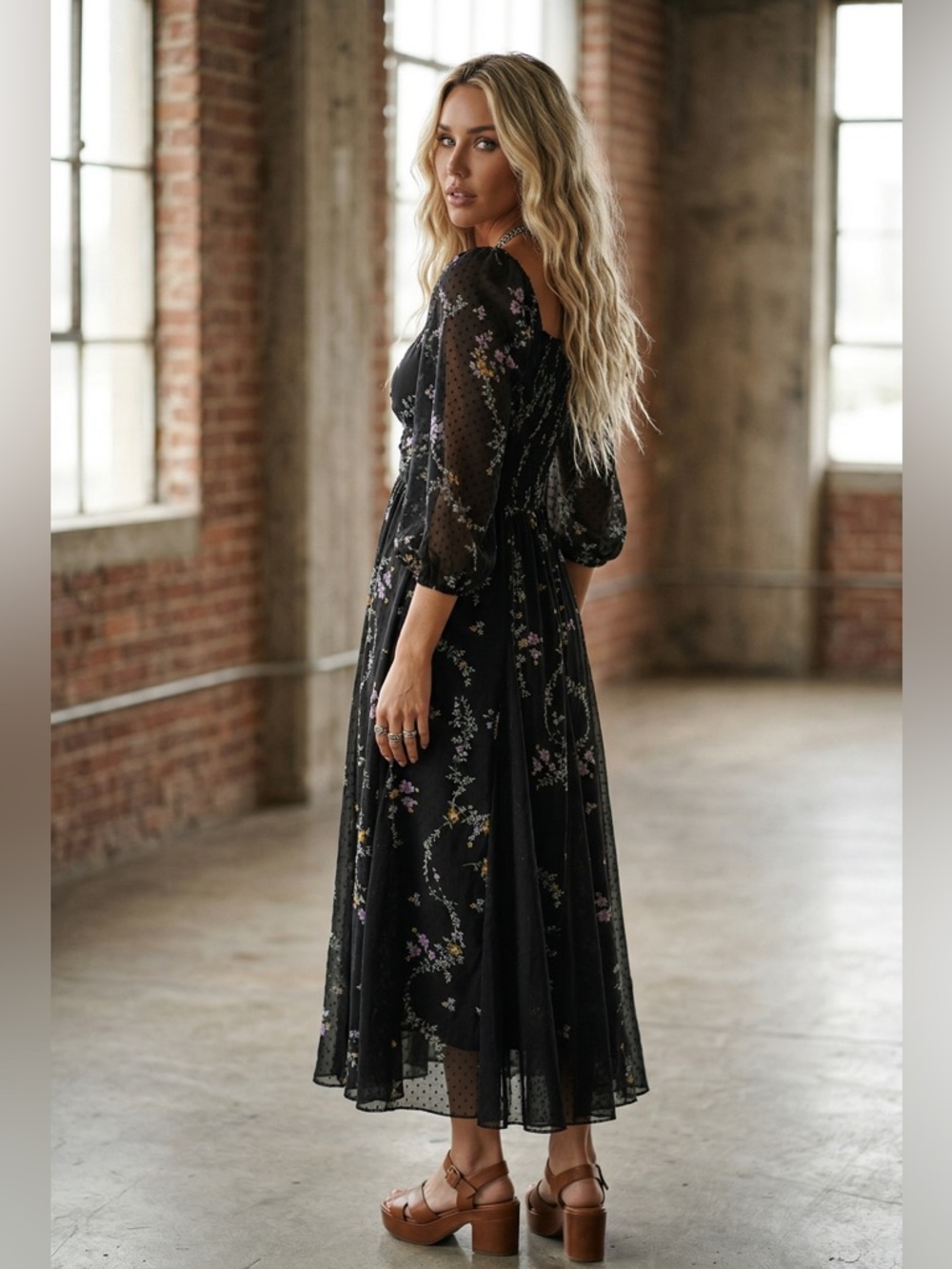 NWT Angie Clothing Boho Floral Swiss Dot Maxi Dress - Picture 4 of 8